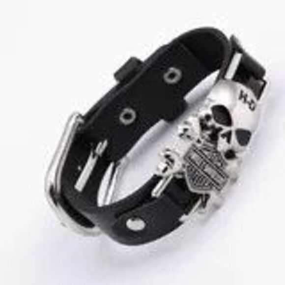 Harley Davidson Motorcycle Skull Design Unisex Leather Bracelet - Picture 2 of 4